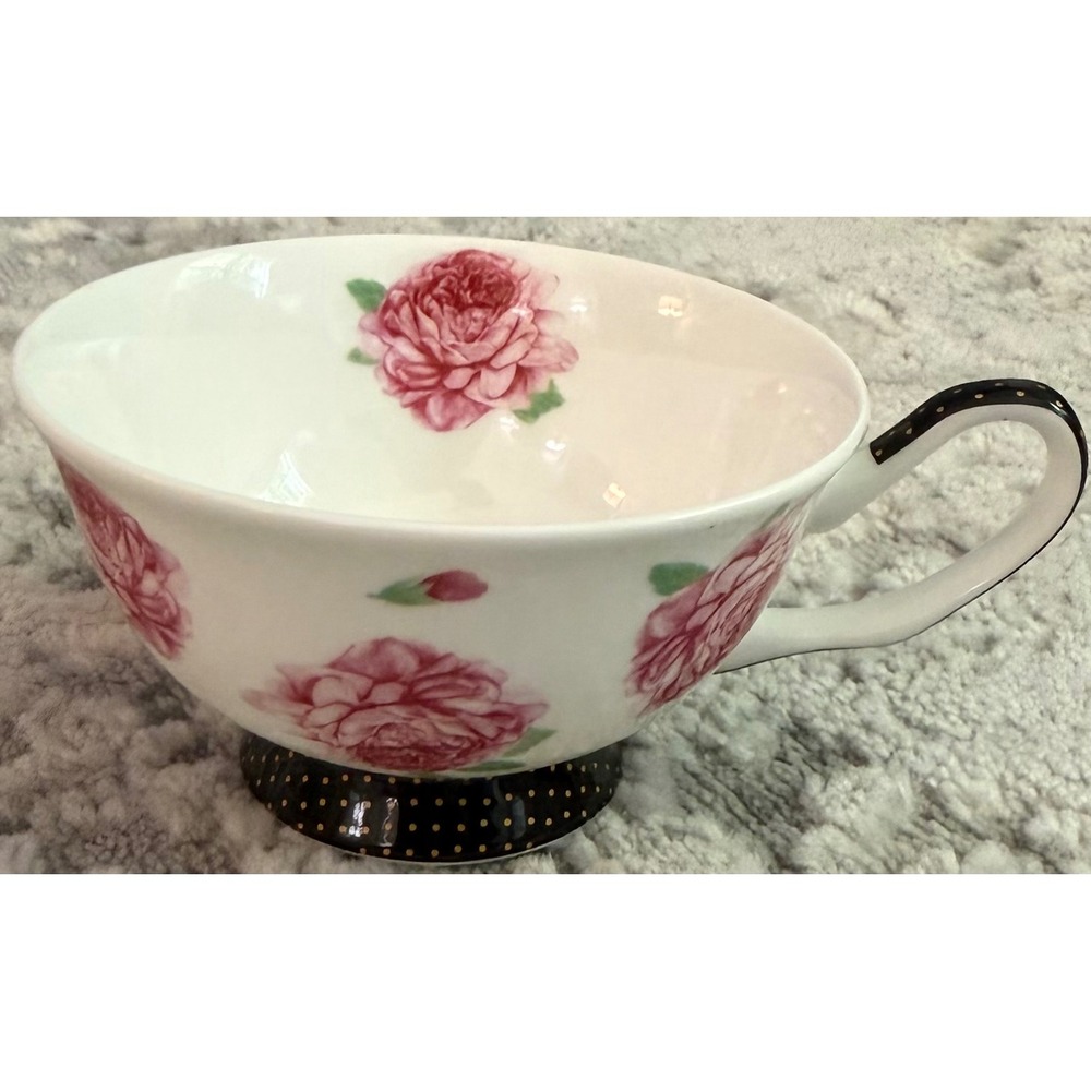 Stechcol Gracie Bone China Pink Peony Floral Teacup Black Gold Polka Dot Base